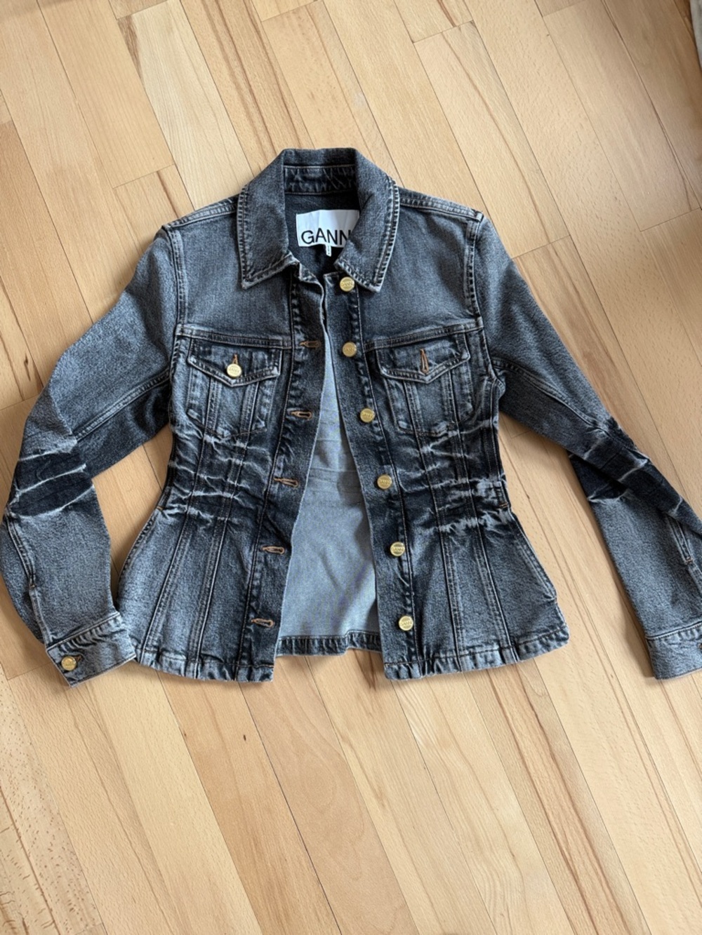 Ganni Black Washed Denim Jacket with Gold Buttons